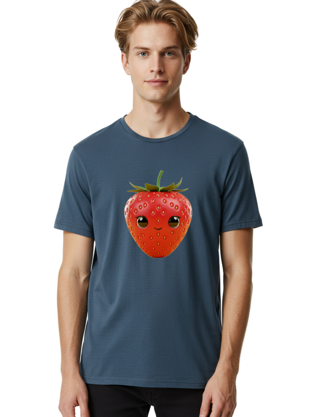 Happy-Strawberry-1 Men'S Graphic Tee, 100% Cotton, Comfortable Casual Summer Wear, Machine Washable, Cartoon Strawberry, Adorable Fruit, Smiling Face, Cute Character, Vibrant Red Color, Yellow Seeds, Playful Personality, Funny Expression, Bac032