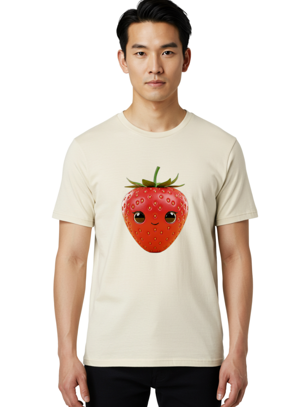 Happy-Strawberry-1 Men'S Graphic Tee, 100% Cotton, Comfortable Casual Summer Wear, Machine Washable, Cartoon Strawberry, Adorable Fruit, Smiling Face, Cute Character, Vibrant Red Color, Yellow Seeds, Playful Personality, Funny Expression, Bac032