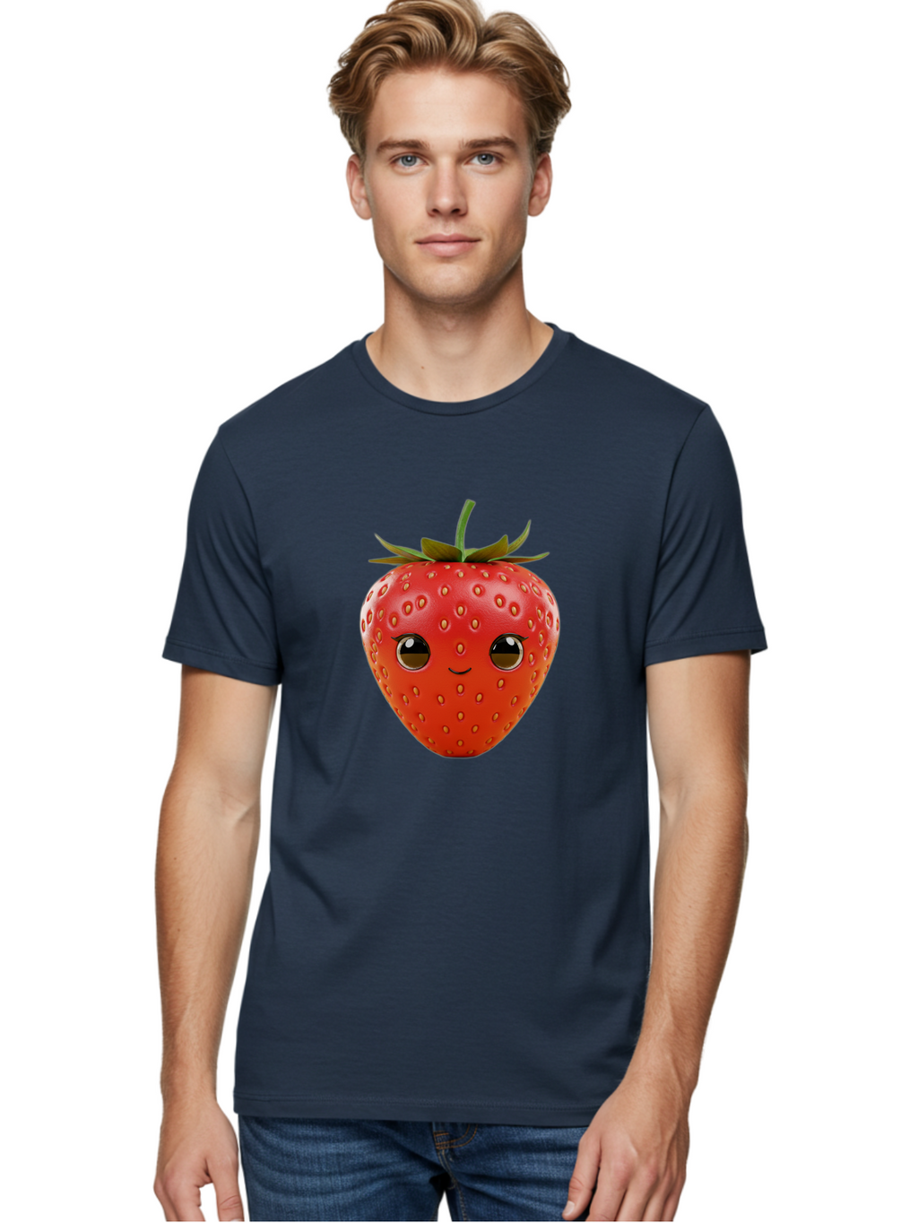 Happy-Strawberry-1 Men'S Graphic Tee, 100% Cotton, Comfortable Casual Summer Wear, Machine Washable, Cartoon Strawberry, Adorable Fruit, Smiling Face, Cute Character, Vibrant Red Color, Yellow Seeds, Playful Personality, Funny Expression, Bac032