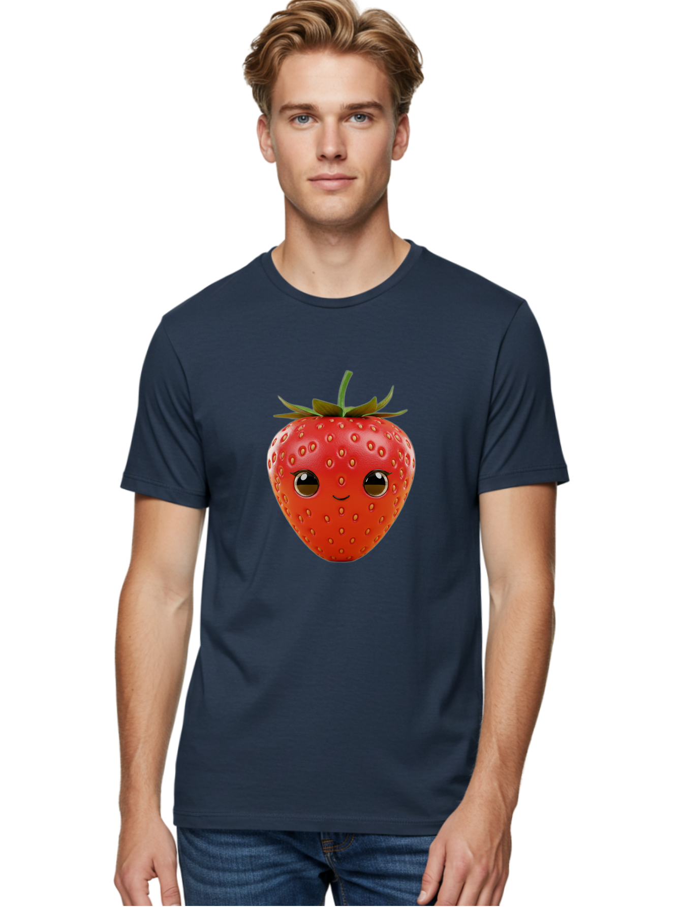 Happy-Strawberry-1 Men'S Graphic Tee, 100% Cotton, Comfortable Casual Summer Wear, Machine Washable, Cartoon Strawberry, Adorable Fruit, Smiling Face, Cute Character, Vibrant Red Color, Yellow Seeds, Playful Personality, Funny Expression, Bac032