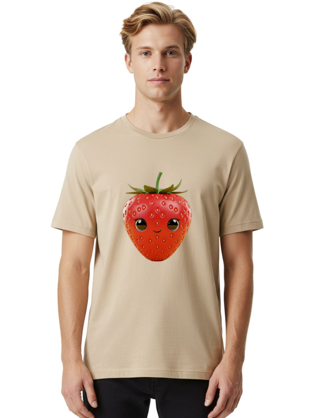 Happy-Strawberry-1 Men'S Graphic Tee, 100% Cotton, Comfortable Casual Summer Wear, Machine Washable, Cartoon Strawberry, Adorable Fruit, Smiling Face, Cute Character, Vibrant Red Color, Yellow Seeds, Playful Personality, Funny Expression, Bac032