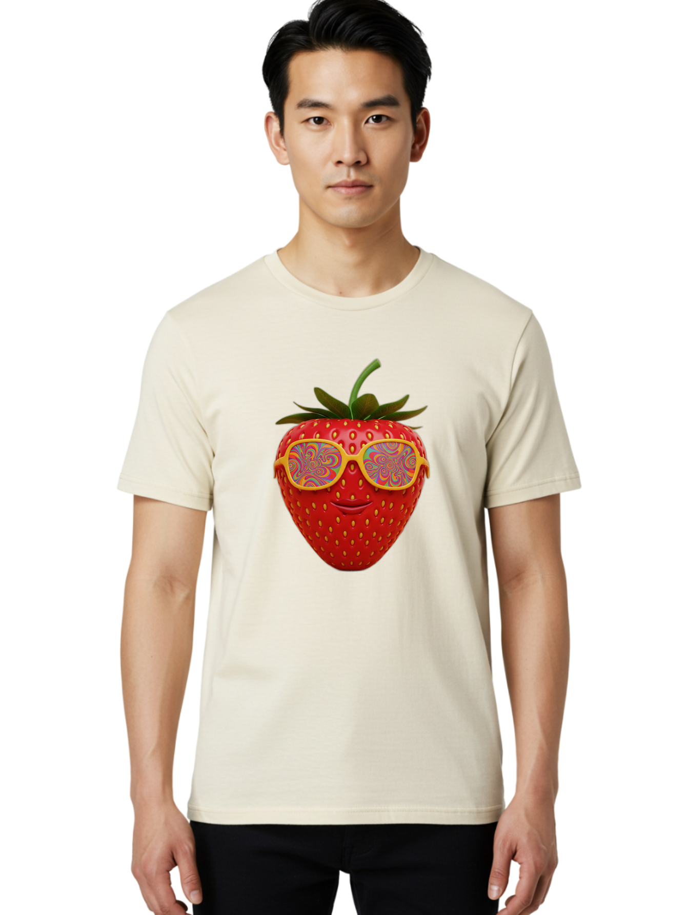 Happy-Strawberry Men'S Graphic Tee, 100% Cotton, Comfortable Casual Summer Wear, Machine Washable, Strawberry Character, Psychedelic Sunglasses, Vibrant Colors, Smiling Face, Fruit Illustration, Surreal Art, Whimsical Design, Bac033
