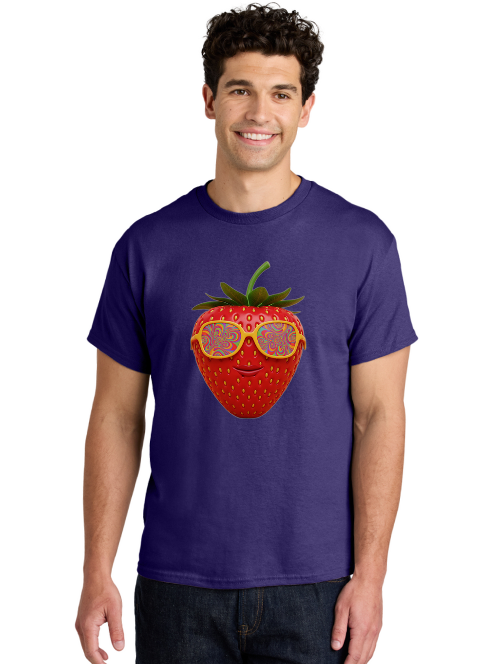 Happy-Strawberry Men'S Graphic Tee, 100% Cotton, Comfortable Casual Summer Wear, Machine Washable, Strawberry Character, Psychedelic Sunglasses, Vibrant Colors, Smiling Face, Fruit Illustration, Surreal Art, Whimsical Design, Bac033