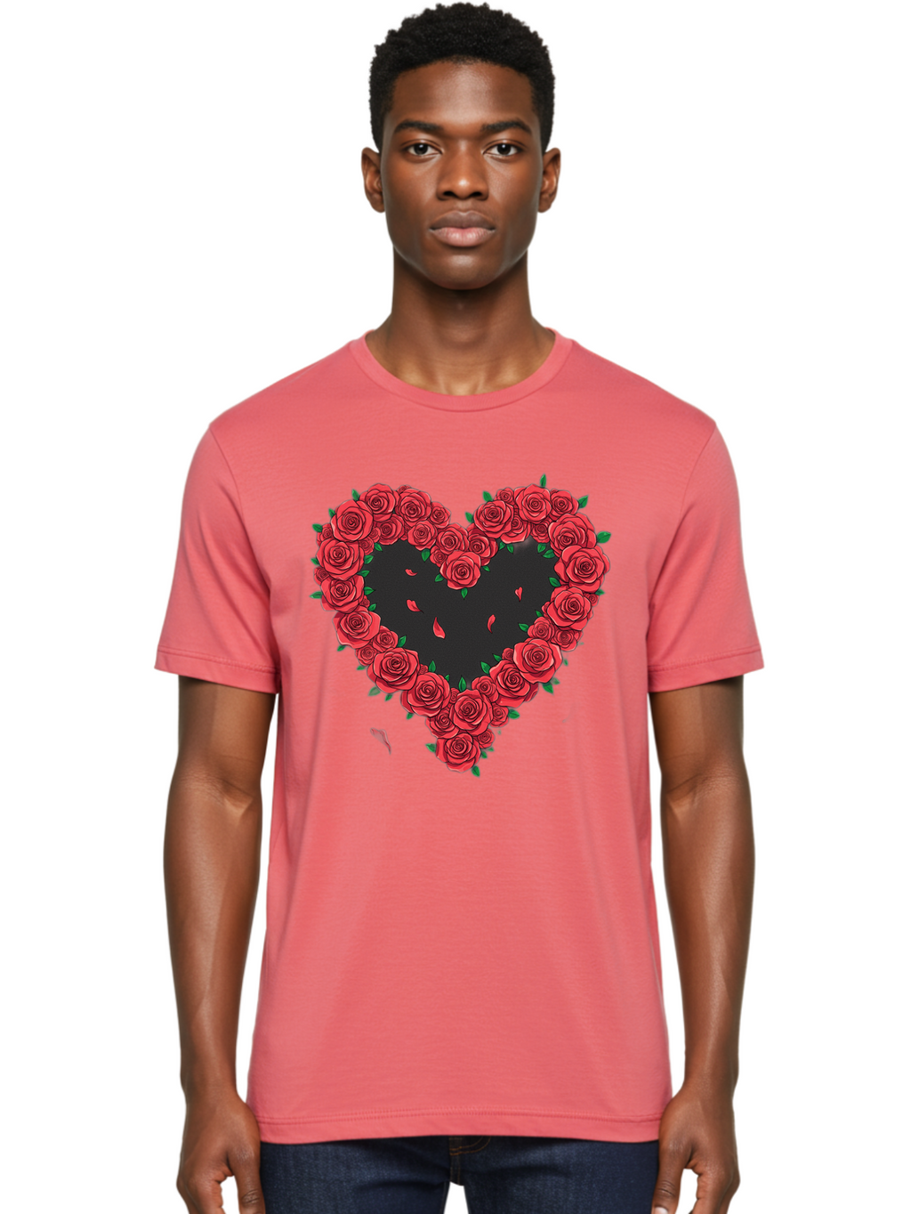 Heart-Of-Roses Men'S Graphic Tee, 100% Cotton, Comfortable Casual Summer Wear, Machine Washable, Heart Shape, Red Roses, Floral Arrangement, Love Symbol, Romance, Valentine'S Day, Beautiful Flowers, Rose Petals Bac034