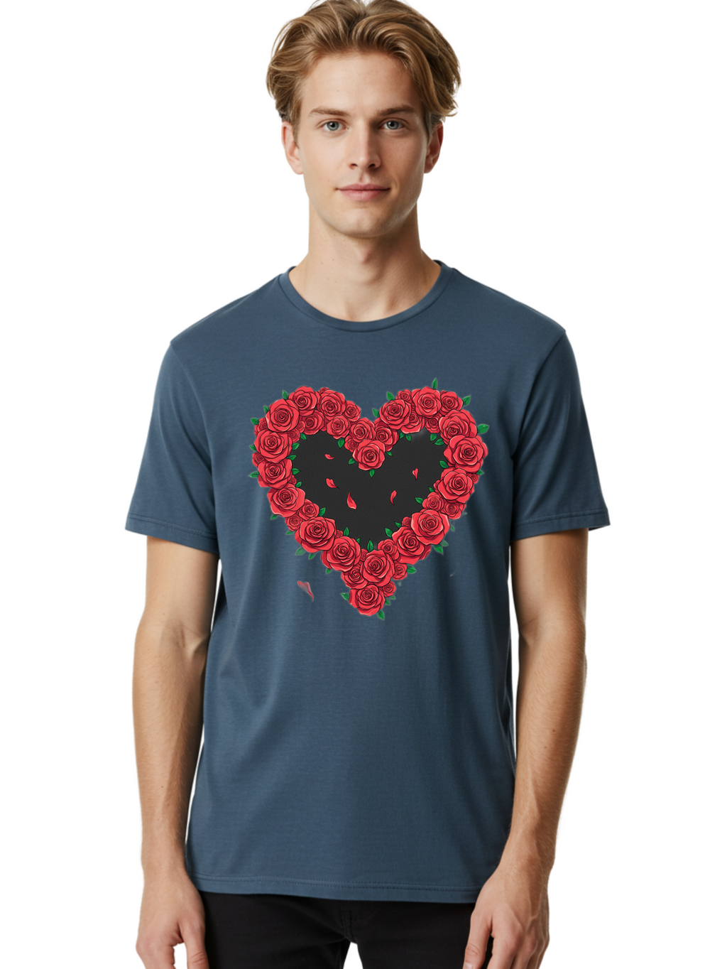 Heart-Of-Roses Men'S Graphic Tee, 100% Cotton, Comfortable Casual Summer Wear, Machine Washable, Heart Shape, Red Roses, Floral Arrangement, Love Symbol, Romance, Valentine'S Day, Beautiful Flowers, Rose Petals Bac034
