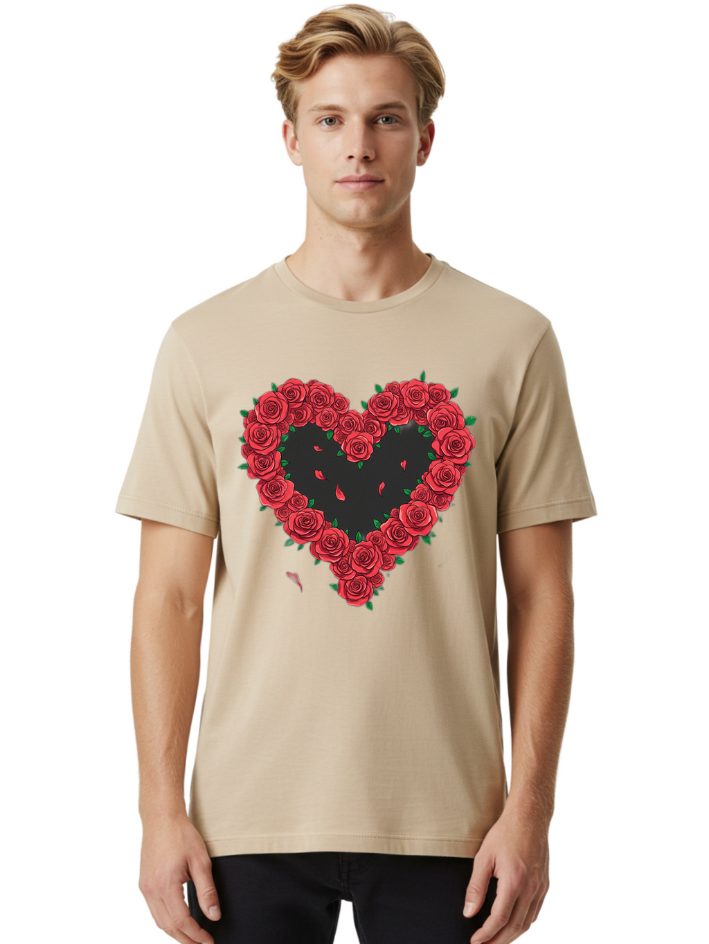 Heart-Of-Roses Men'S Graphic Tee, 100% Cotton, Comfortable Casual Summer Wear, Machine Washable, Heart Shape, Red Roses, Floral Arrangement, Love Symbol, Romance, Valentine'S Day, Beautiful Flowers, Rose Petals Bac034