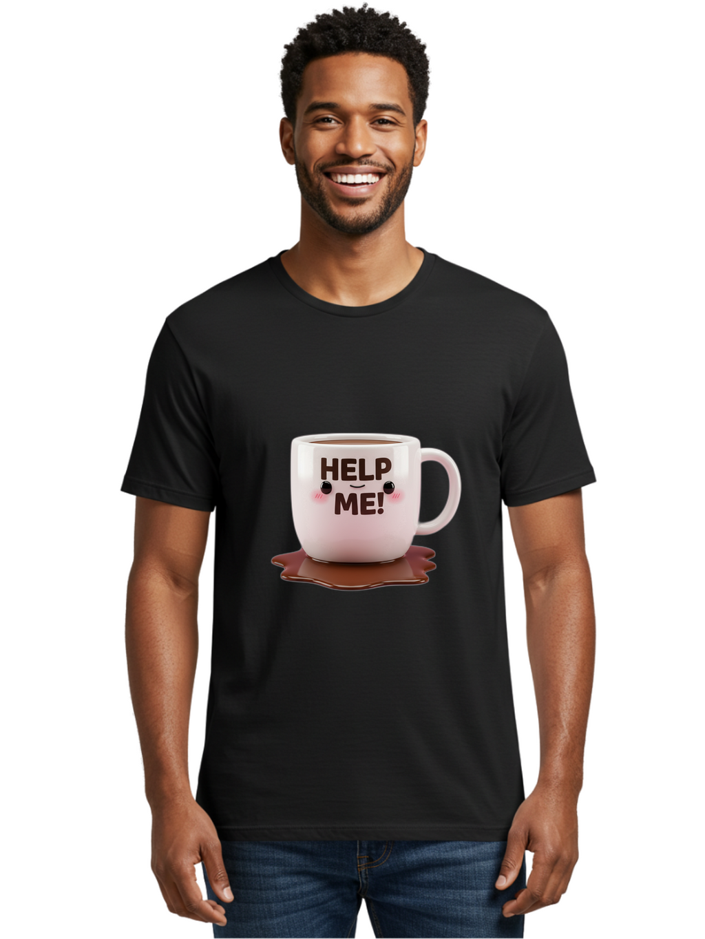 Help-Me-1 Men'S Graphic Tee, 100% Cotton, Comfortable Casual Summer Wear, Machine Washable, Help Me Coffee Mug, Cute Cartoon Design, Coffee Spill, Brown Liquid, Humorous Expression, Adorable Character, Cute Blush Cheeks, Coffee Lover Gift Bac035