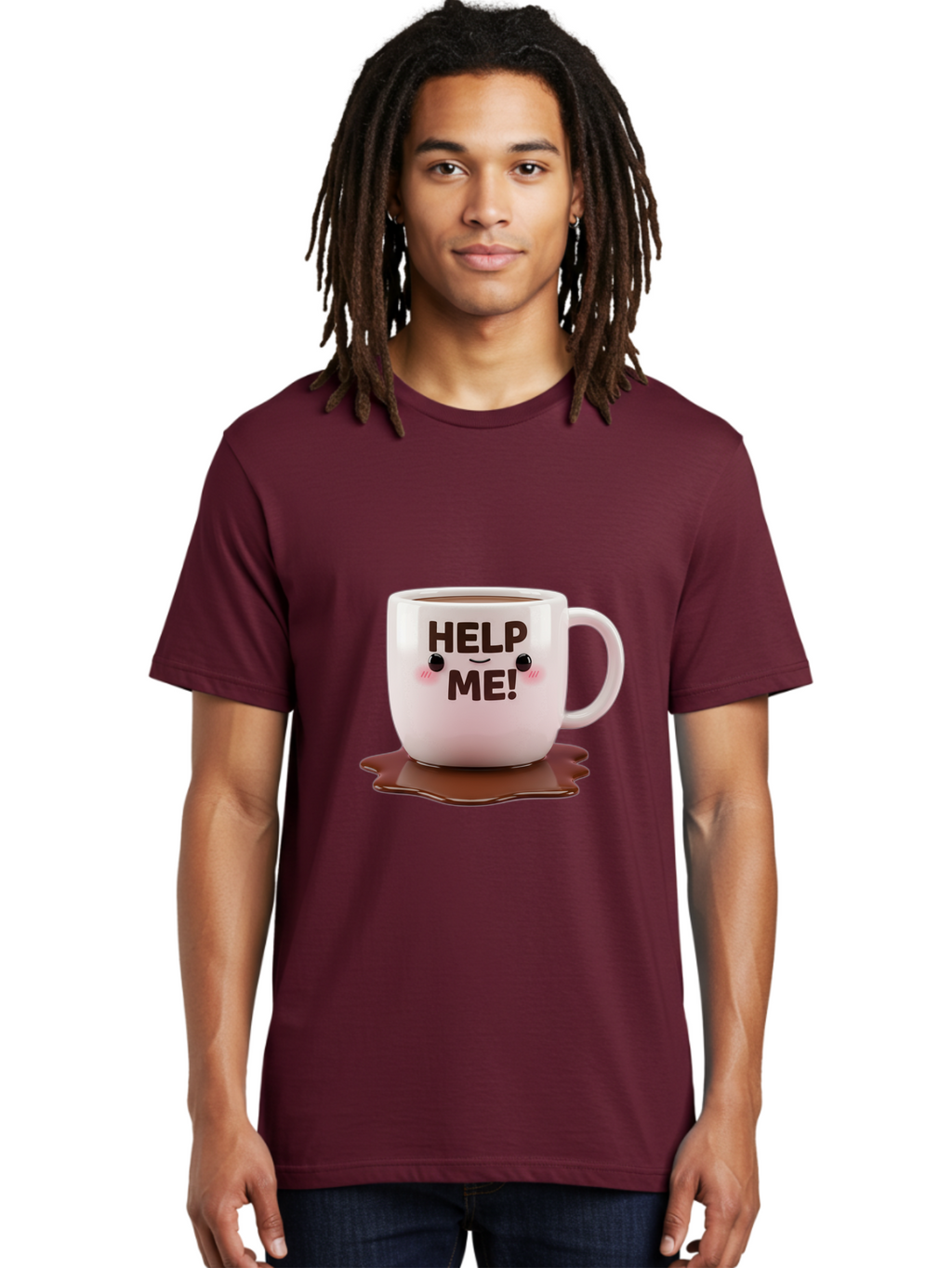 Help-Me-1 Men'S Graphic Tee, 100% Cotton, Comfortable Casual Summer Wear, Machine Washable, Help Me Coffee Mug, Cute Cartoon Design, Coffee Spill, Brown Liquid, Humorous Expression, Adorable Character, Cute Blush Cheeks, Coffee Lover Gift Bac035