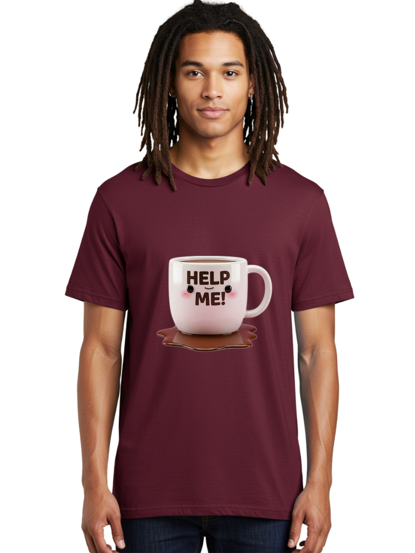 Help-Me-1 Men'S Graphic Tee, 100% Cotton, Comfortable Casual Summer Wear, Machine Washable, Help Me Coffee Mug, Cute Cartoon Design, Coffee Spill, Brown Liquid, Humorous Expression, Adorable Character, Cute Blush Cheeks, Coffee Lover Gift Bac035