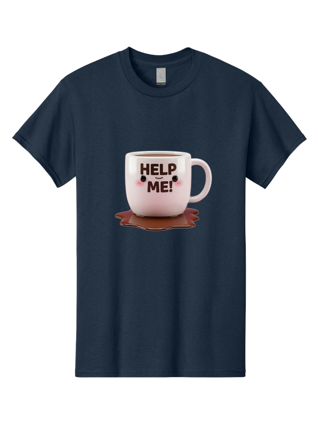 Help-Me-1 Men'S Graphic Tee, 100% Cotton, Comfortable Casual Summer Wear, Machine Washable, Help Me Coffee Mug, Cute Cartoon Design, Coffee Spill, Brown Liquid, Humorous Expression, Adorable Character, Cute Blush Cheeks, Coffee Lover Gift Bac035