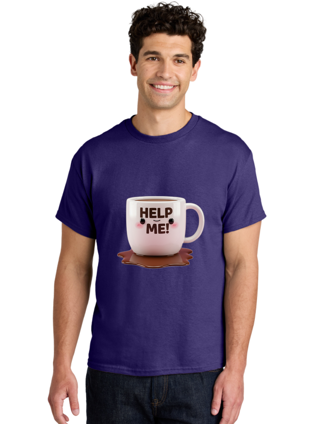 Help-Me-1 Men'S Graphic Tee, 100% Cotton, Comfortable Casual Summer Wear, Machine Washable, Help Me Coffee Mug, Cute Cartoon Design, Coffee Spill, Brown Liquid, Humorous Expression, Adorable Character, Cute Blush Cheeks, Coffee Lover Gift Bac035