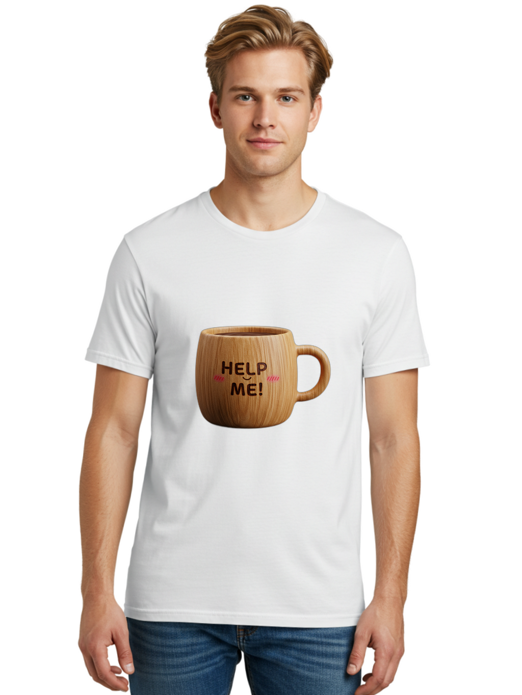 Help-Me-11 Men'S Graphic Tee, 100% Cotton, Comfortable Casual Summer Wear, Machine Washable, Wooden Coffee Mug, Text Design, Humorous Phrase, Funny Quote, Help Me, Quirky Decor, Novelty Gift, Unique Coffee Cup, Whimsical Illustration Bac037