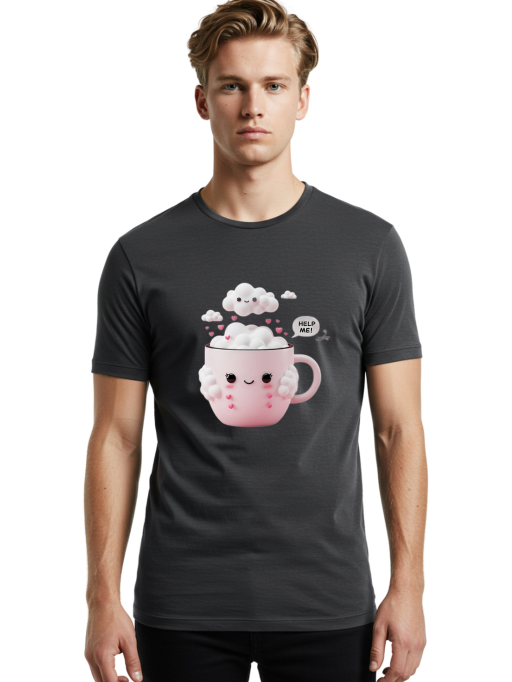 Help-Me-12 Men'S Graphic Tee, 100% Cotton, Comfortable Casual Summer Wear, Machine Washable, Cute Coffee Mug, Cartoon Character, Coffee Foam, Pink Hearts, Smiling Face, Speech Bubble, Help Me, Coffee Lover, Funny Illustration, Kawaii Art, Bac038