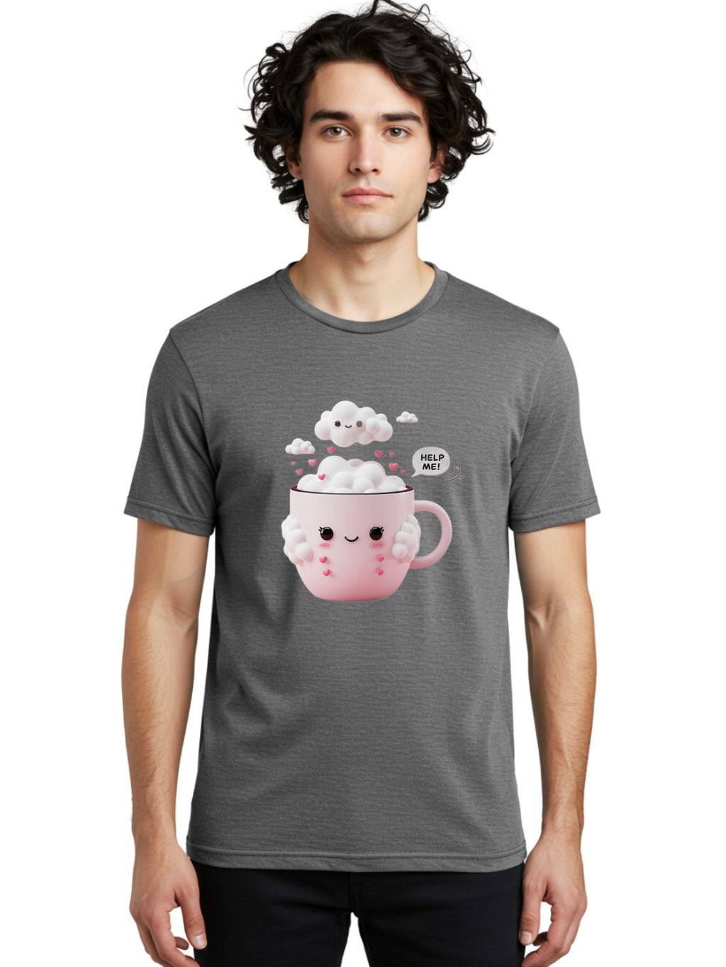 Help-Me-12 Men'S Graphic Tee, 100% Cotton, Comfortable Casual Summer Wear, Machine Washable, Cute Coffee Mug, Cartoon Character, Coffee Foam, Pink Hearts, Smiling Face, Speech Bubble, Help Me, Coffee Lover, Funny Illustration, Kawaii Art, Bac038