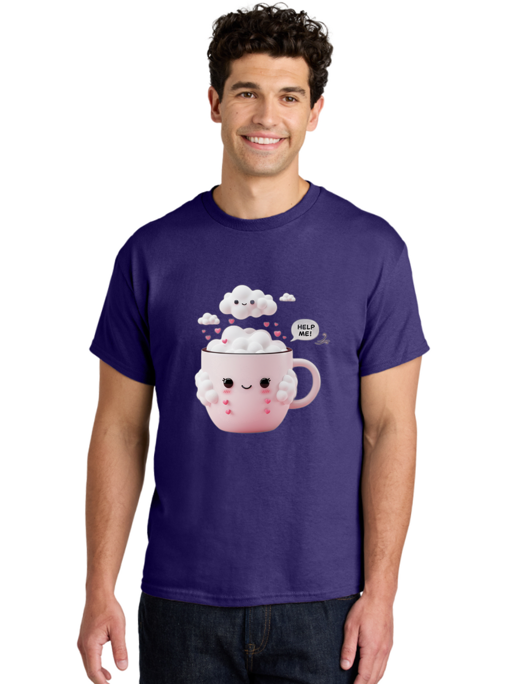 Help-Me-12 Men'S Graphic Tee, 100% Cotton, Comfortable Casual Summer Wear, Machine Washable, Cute Coffee Mug, Cartoon Character, Coffee Foam, Pink Hearts, Smiling Face, Speech Bubble, Help Me, Coffee Lover, Funny Illustration, Kawaii Art, Bac038