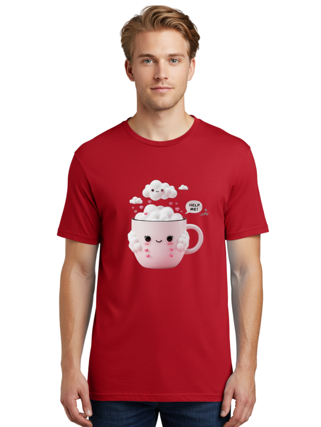 Help-Me-12 Men'S Graphic Tee, 100% Cotton, Comfortable Casual Summer Wear, Machine Washable, Cute Coffee Mug, Cartoon Character, Coffee Foam, Pink Hearts, Smiling Face, Speech Bubble, Help Me, Coffee Lover, Funny Illustration, Kawaii Art, Bac038