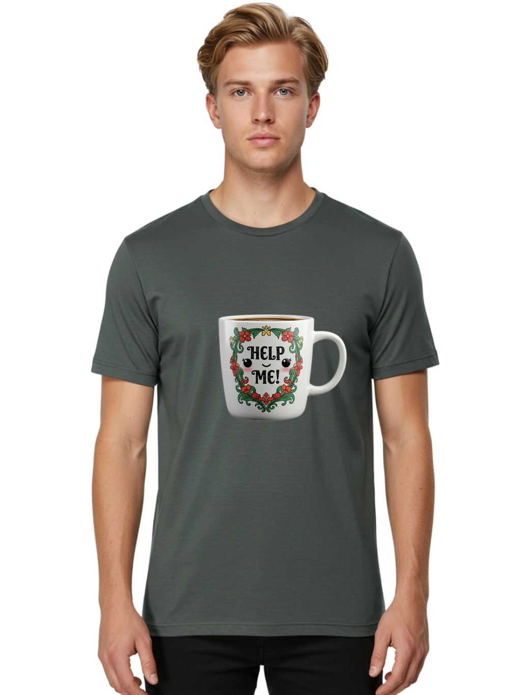 Help-Me-13 Men'S Graphic Tee, 100% Cotton, Comfortable Casual Summer Wear, Machine Washable, Funny Coffee Mug, Quirky Design, Distressed Humor, Floral Wreath, Cute Face, Humorous Quote, Playful Design, Novelty Mug, Coffee Lover Gift Bac039