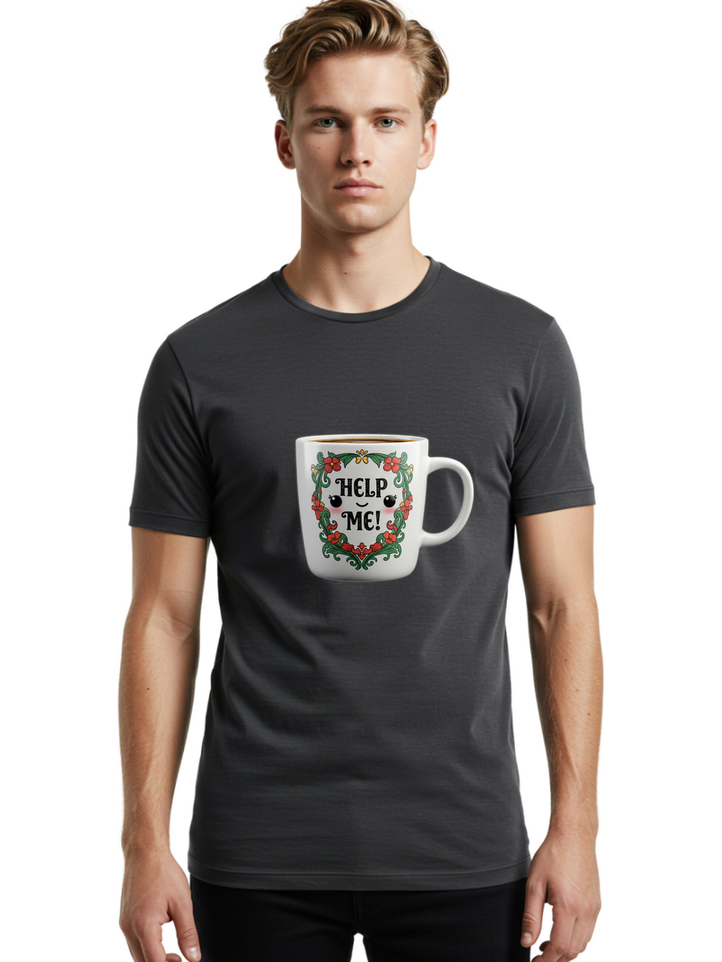 Help-Me-13 Men'S Graphic Tee, 100% Cotton, Comfortable Casual Summer Wear, Machine Washable, Funny Coffee Mug, Quirky Design, Distressed Humor, Floral Wreath, Cute Face, Humorous Quote, Playful Design, Novelty Mug, Coffee Lover Gift Bac039