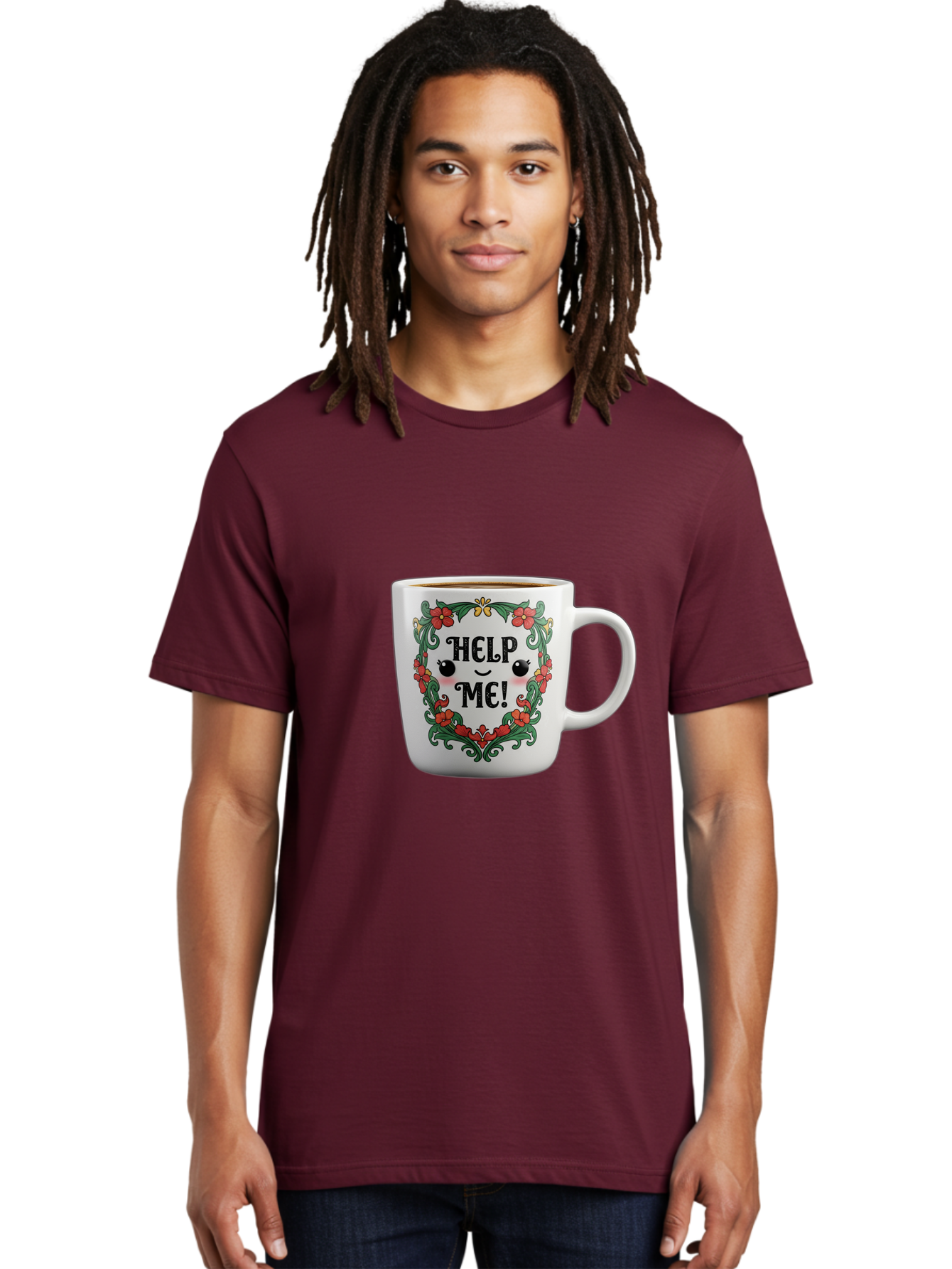 Help-Me-13 Men'S Graphic Tee, 100% Cotton, Comfortable Casual Summer Wear, Machine Washable, Funny Coffee Mug, Quirky Design, Distressed Humor, Floral Wreath, Cute Face, Humorous Quote, Playful Design, Novelty Mug, Coffee Lover Gift Bac039