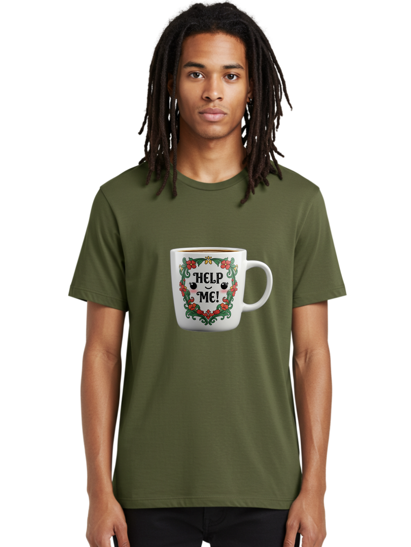Help-Me-13 Men'S Graphic Tee, 100% Cotton, Comfortable Casual Summer Wear, Machine Washable, Funny Coffee Mug, Quirky Design, Distressed Humor, Floral Wreath, Cute Face, Humorous Quote, Playful Design, Novelty Mug, Coffee Lover Gift Bac039