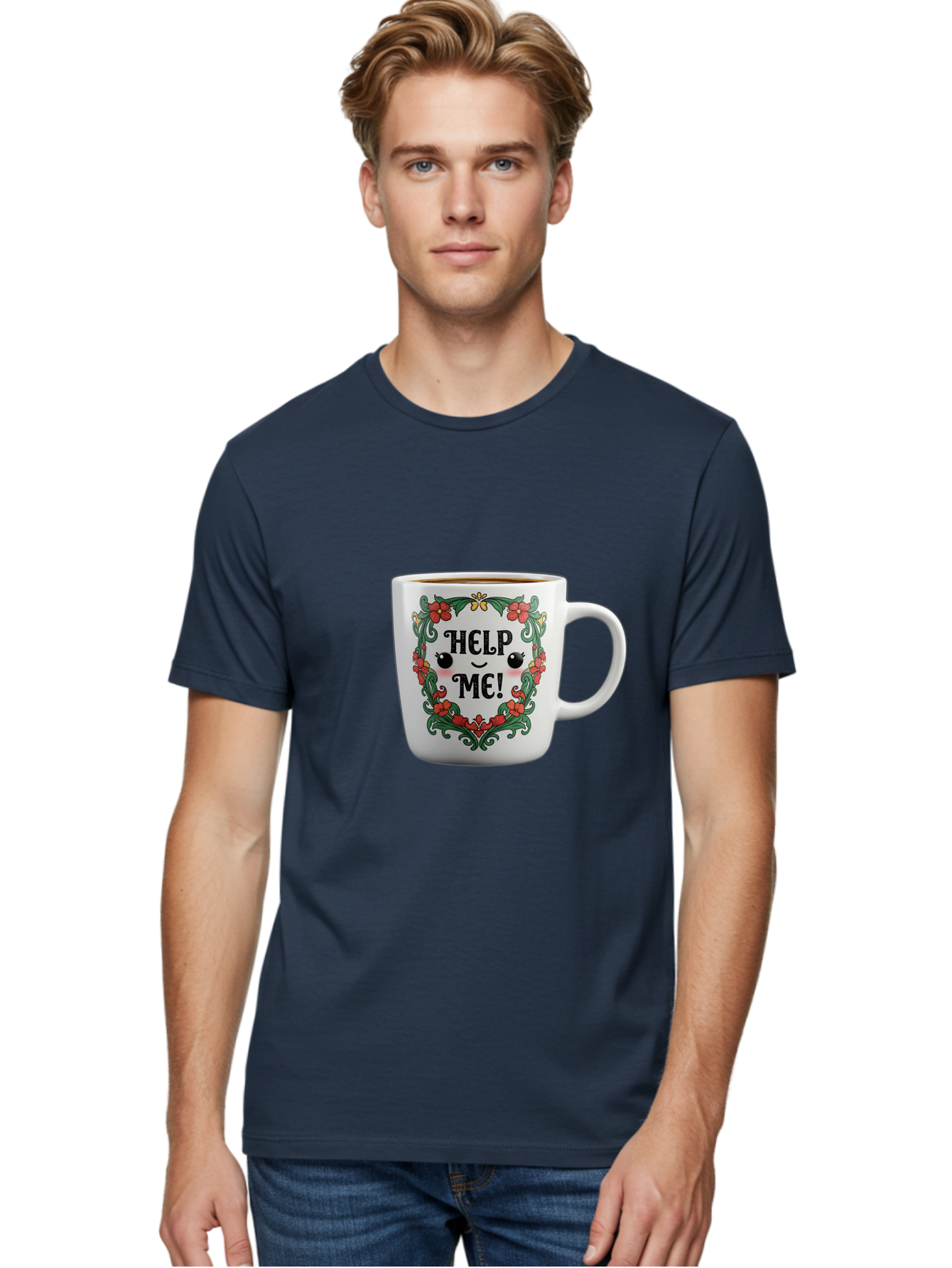 Help-Me-13 Men'S Graphic Tee, 100% Cotton, Comfortable Casual Summer Wear, Machine Washable, Funny Coffee Mug, Quirky Design, Distressed Humor, Floral Wreath, Cute Face, Humorous Quote, Playful Design, Novelty Mug, Coffee Lover Gift Bac039