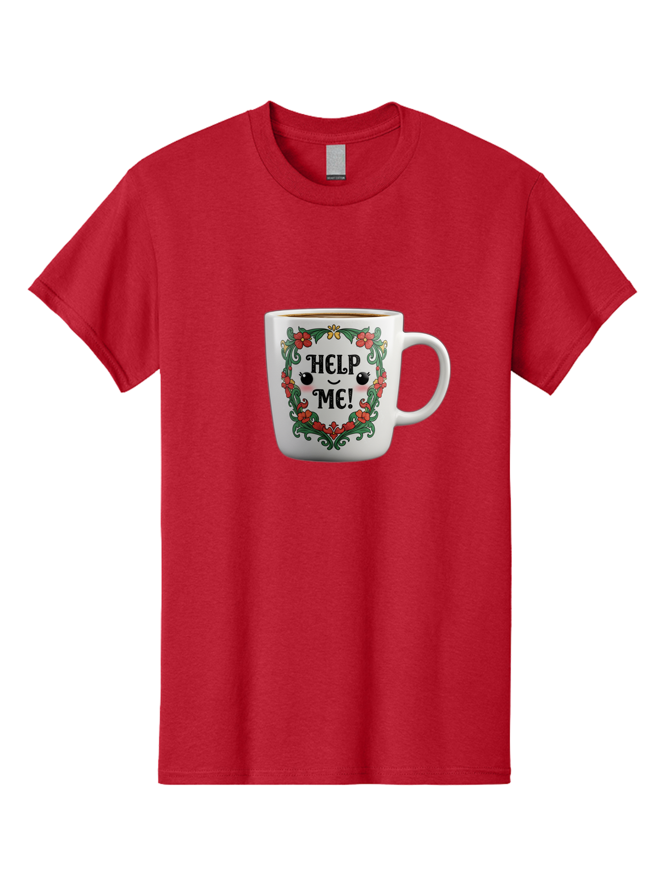 Help-Me-13 Men'S Graphic Tee, 100% Cotton, Comfortable Casual Summer Wear, Machine Washable, Funny Coffee Mug, Quirky Design, Distressed Humor, Floral Wreath, Cute Face, Humorous Quote, Playful Design, Novelty Mug, Coffee Lover Gift Bac039