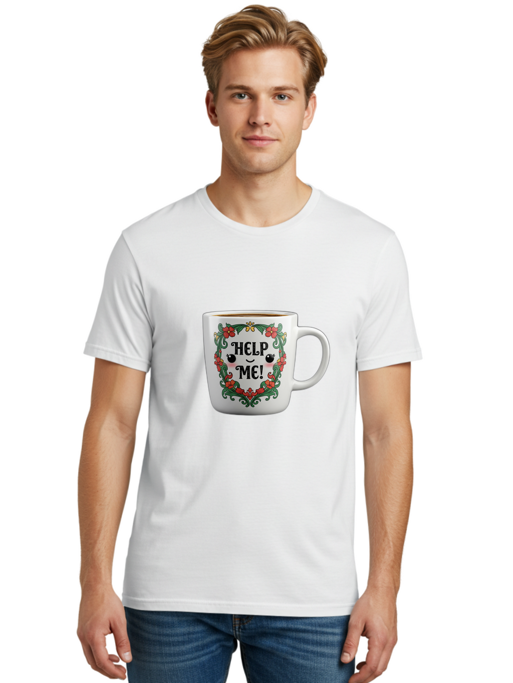 Help-Me-13 Men'S Graphic Tee, 100% Cotton, Comfortable Casual Summer Wear, Machine Washable, Funny Coffee Mug, Quirky Design, Distressed Humor, Floral Wreath, Cute Face, Humorous Quote, Playful Design, Novelty Mug, Coffee Lover Gift Bac039