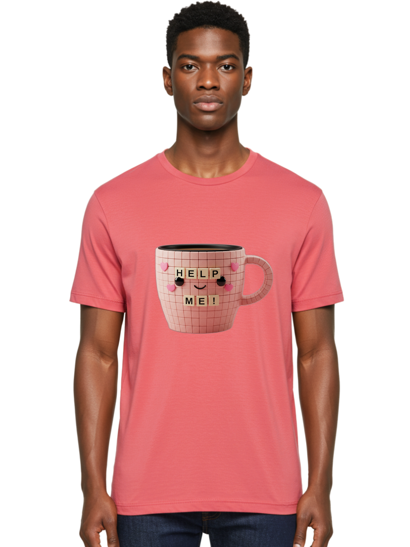 Help-Me-15 Men'S Graphic Tee, 100% Cotton, Comfortable Casual Summer Wear, Machine Washable, Pink Coffee Mug, Grid Pattern Design, Funny Face, Help Me! Letters, Cute Smiley Face, Quirky Humor, Coffee Culture, Playful Design, Cute Expression, Bac041