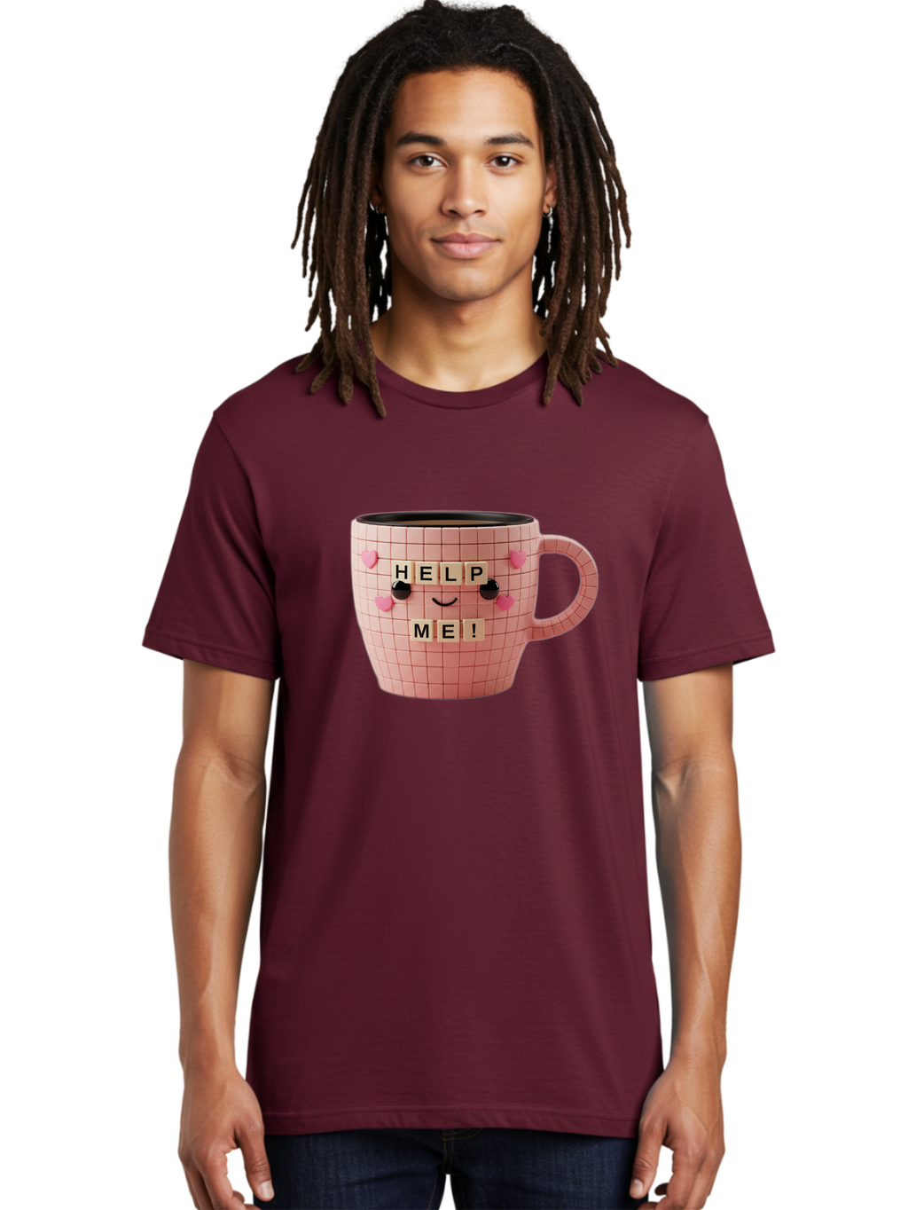 Help-Me-15 Men'S Graphic Tee, 100% Cotton, Comfortable Casual Summer Wear, Machine Washable, Pink Coffee Mug, Grid Pattern Design, Funny Face, Help Me! Letters, Cute Smiley Face, Quirky Humor, Coffee Culture, Playful Design, Cute Expression, Bac041