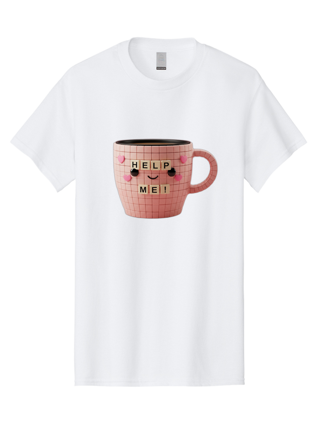 Help-Me-15 Men'S Graphic Tee, 100% Cotton, Comfortable Casual Summer Wear, Machine Washable, Pink Coffee Mug, Grid Pattern Design, Funny Face, Help Me! Letters, Cute Smiley Face, Quirky Humor, Coffee Culture, Playful Design, Cute Expression, Bac041