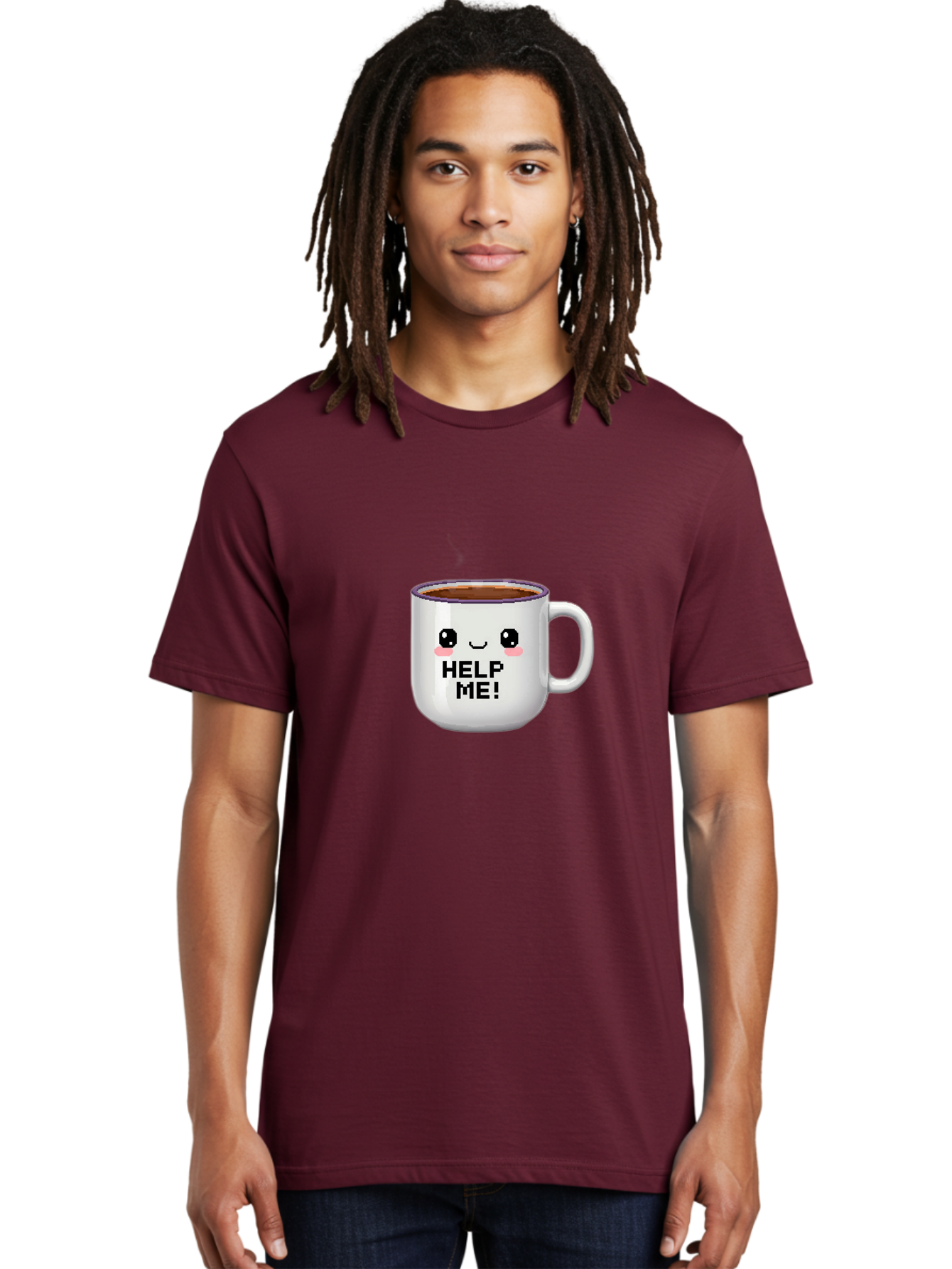 Help-Me-2 Men'S Graphic Tee, 100% Cotton, Comfortable Casual Summer Wear, Machine Washable, Funny Coffee Mug, Cartoon Style, Coffee Cup With Face, Humorous Design, Cute Character, Help Me! Text, Coffee Lover Gift Bac042