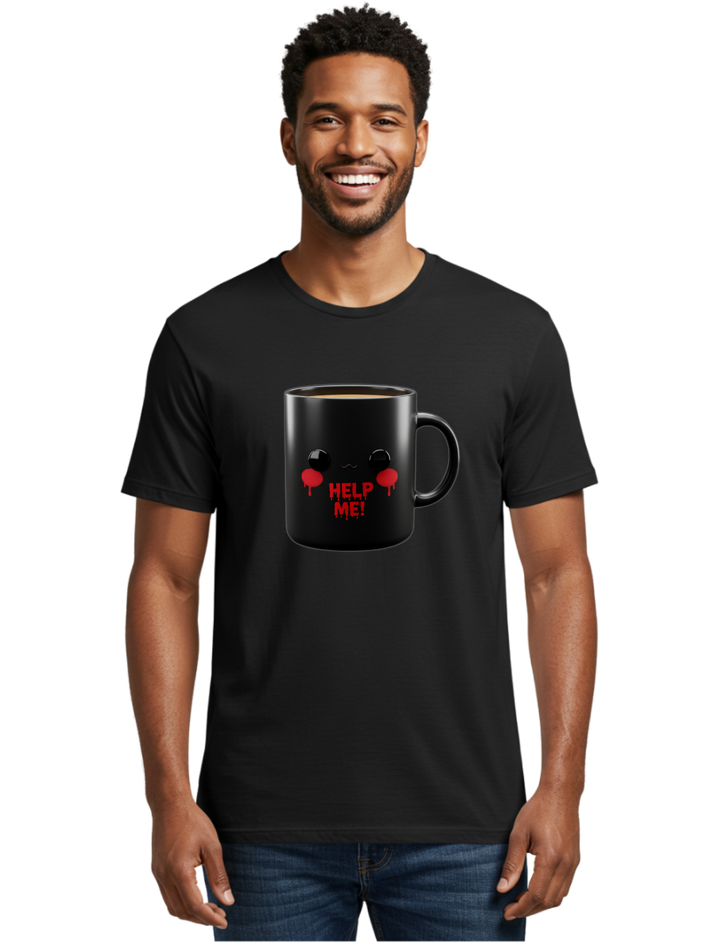 Help-Me-3 Men'S Graphic Tee, 100% Cotton, Comfortable Casual Summer Wear, Machine Washable, Black Coffee Mug, Cartoon Face, Red Tears, Distressed Design, Creepy Humor, Bold Graphics, Funny Mugs, Novelty Coffee Cups, Quirky Gifts, Eerie Decor Bac043