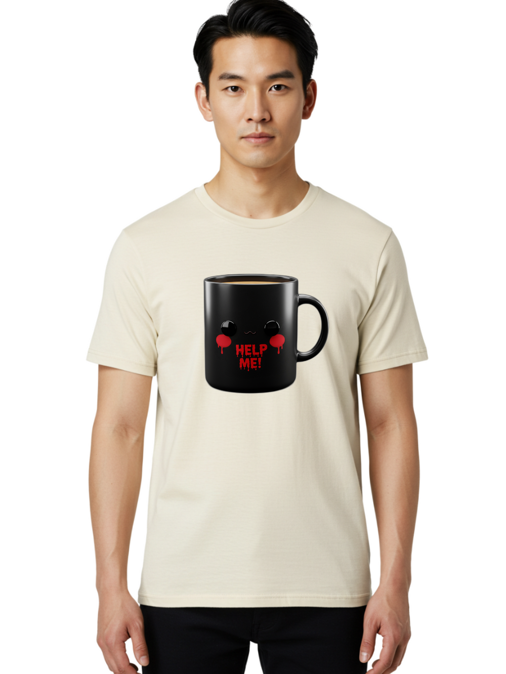 Help-Me-3 Men'S Graphic Tee, 100% Cotton, Comfortable Casual Summer Wear, Machine Washable, Black Coffee Mug, Cartoon Face, Red Tears, Distressed Design, Creepy Humor, Bold Graphics, Funny Mugs, Novelty Coffee Cups, Quirky Gifts, Eerie Decor Bac043