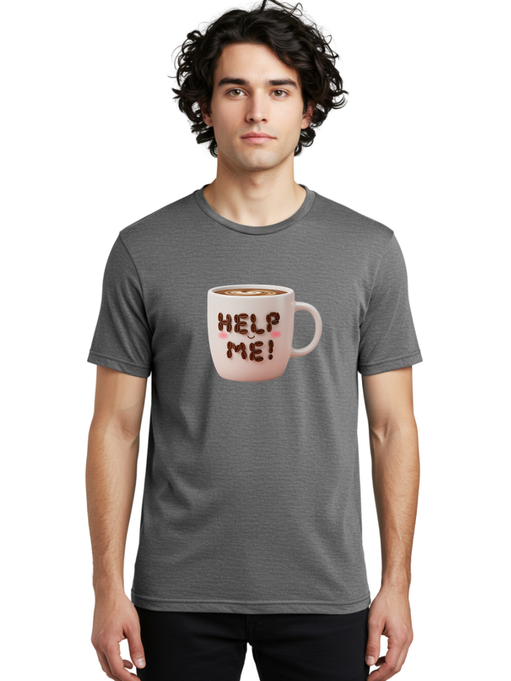 Help-Me-5 Men'S Graphic Tee, 100% Cotton, Comfortable Casual Summer Wear, Machine Washable, Coffee Mug With Coffee Beans Spelling Help Me!, Cute Coffee Cup, Coffee Lover Gift, Coffee Humor, Latte Art, Morning Coffee, Coffee Break Bac045