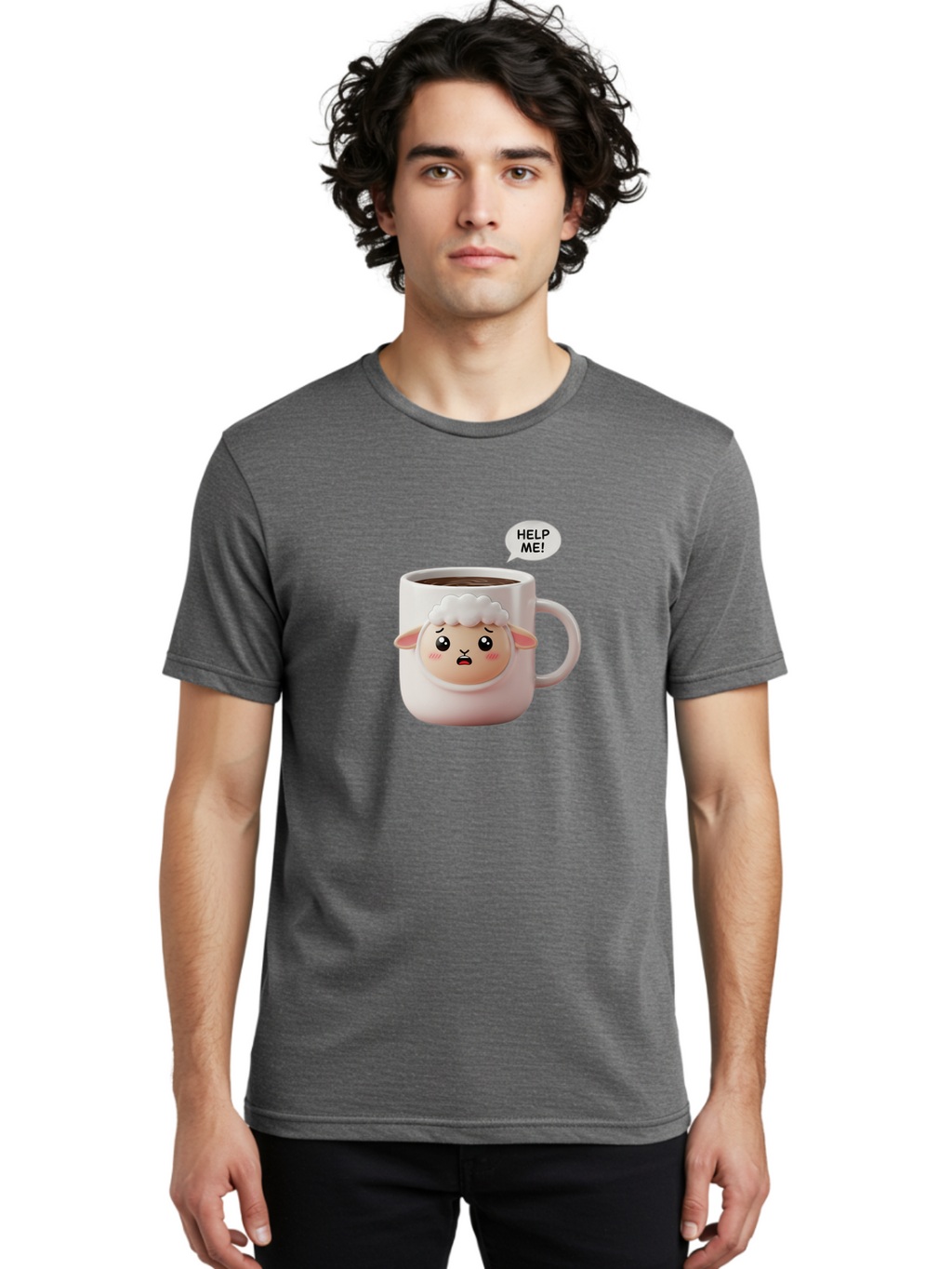 Help-Me-6 Men'S Graphic Tee, 100% Cotton, Comfortable Casual Summer Wear, Machine Washable, Sheep Mug, Coffee Cup, Helping Hand, Distressed Lamb, Cute Cartoon Character, Funny Meme, Adorable Design, Coffee Lover Gift, Quirky Humor, Sheep Face, Bac046