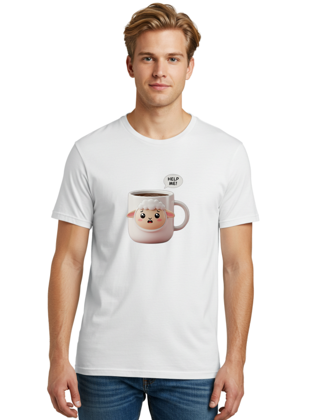 Help-Me-6 Men'S Graphic Tee, 100% Cotton, Comfortable Casual Summer Wear, Machine Washable, Sheep Mug, Coffee Cup, Helping Hand, Distressed Lamb, Cute Cartoon Character, Funny Meme, Adorable Design, Coffee Lover Gift, Quirky Humor, Sheep Face, Bac046