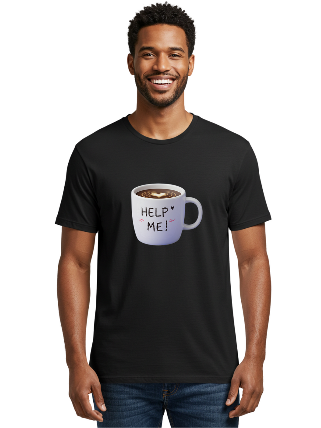 Help-Me-7 Men'S Graphic Tee, 100% Cotton, Comfortable Casual Summer Wear, Machine Washable, Coffee Mug With Heart Design, Coffee Art, 'Help Me' Text, Latte Art, Coffee Culture, Morning Pick-Me-Up, Coffee Love, Daily Grind Bac047