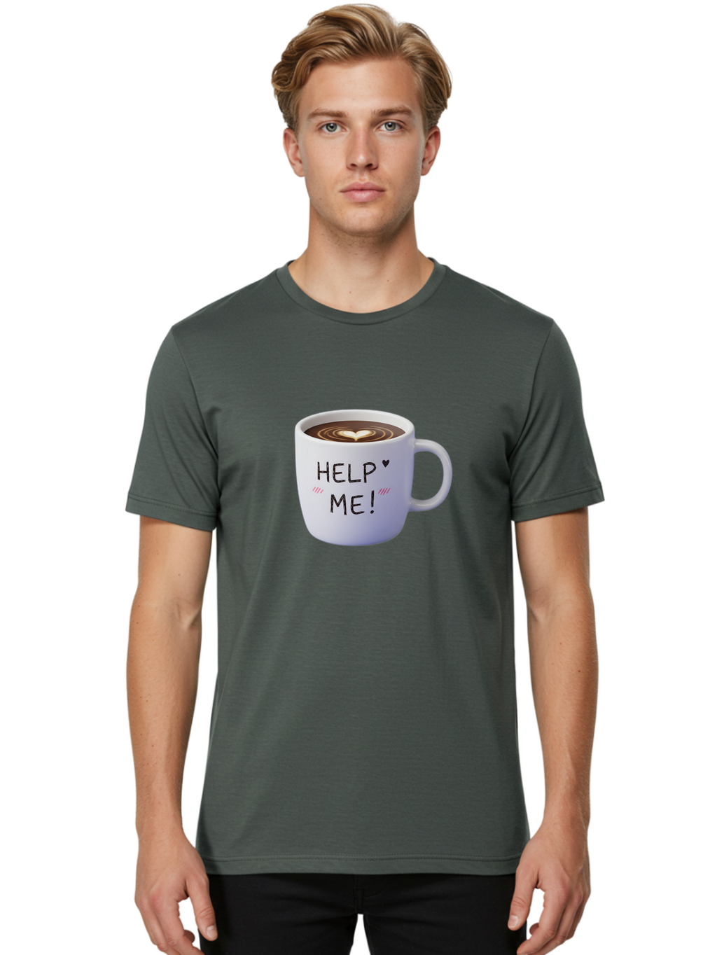 Help-Me-7 Men'S Graphic Tee, 100% Cotton, Comfortable Casual Summer Wear, Machine Washable, Coffee Mug With Heart Design, Coffee Art, 'Help Me' Text, Latte Art, Coffee Culture, Morning Pick-Me-Up, Coffee Love, Daily Grind Bac047