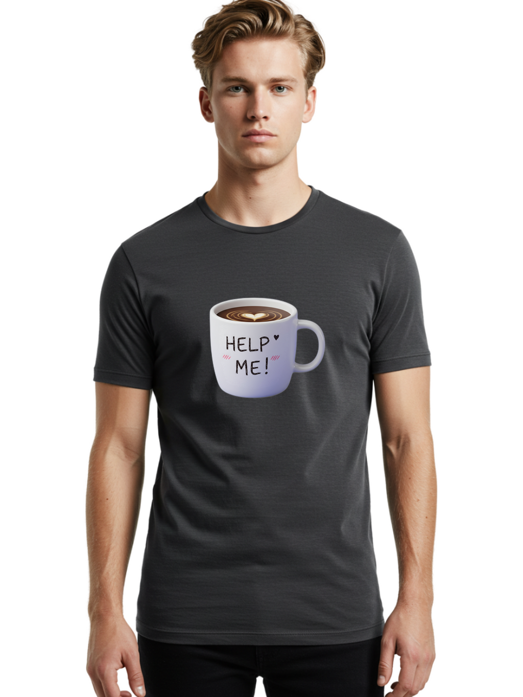 Help-Me-7 Men'S Graphic Tee, 100% Cotton, Comfortable Casual Summer Wear, Machine Washable, Coffee Mug With Heart Design, Coffee Art, 'Help Me' Text, Latte Art, Coffee Culture, Morning Pick-Me-Up, Coffee Love, Daily Grind Bac047