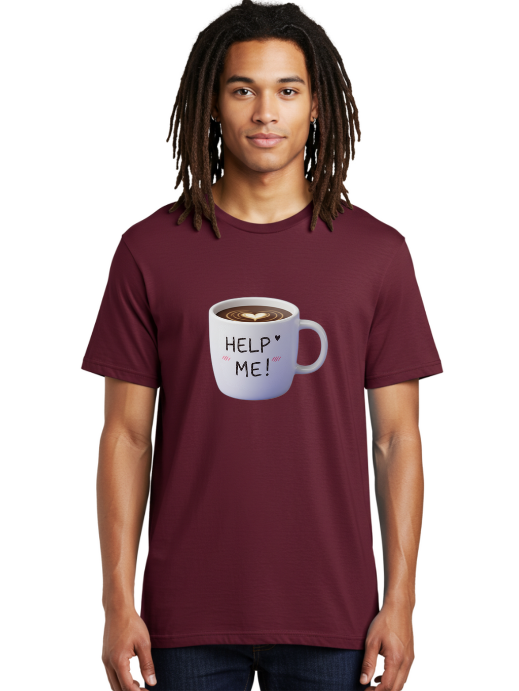 Help-Me-7 Men'S Graphic Tee, 100% Cotton, Comfortable Casual Summer Wear, Machine Washable, Coffee Mug With Heart Design, Coffee Art, 'Help Me' Text, Latte Art, Coffee Culture, Morning Pick-Me-Up, Coffee Love, Daily Grind Bac047