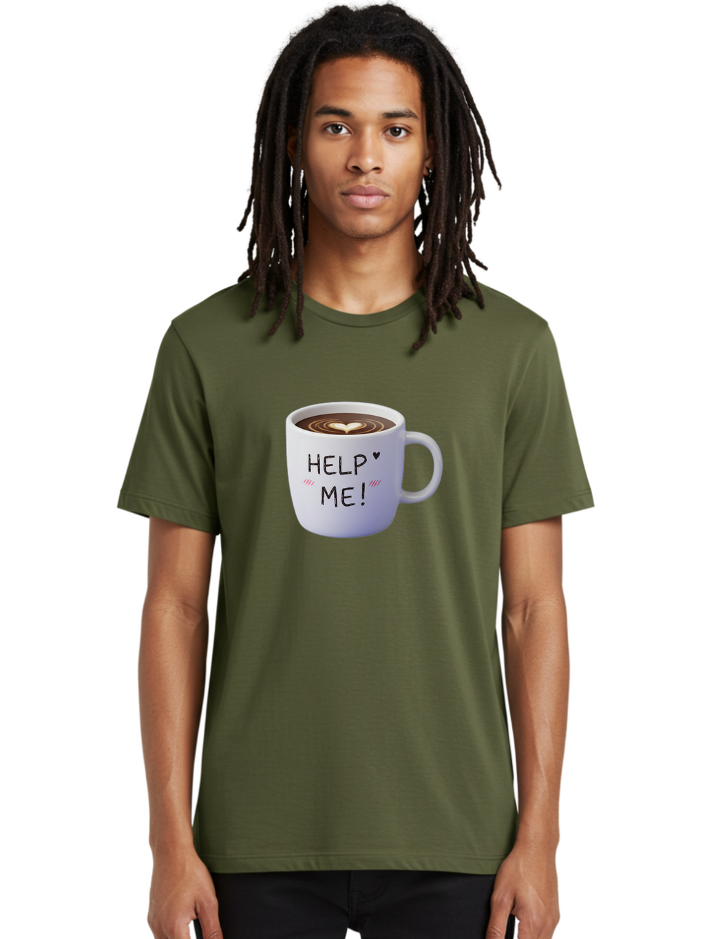 Help-Me-7 Men'S Graphic Tee, 100% Cotton, Comfortable Casual Summer Wear, Machine Washable, Coffee Mug With Heart Design, Coffee Art, 'Help Me' Text, Latte Art, Coffee Culture, Morning Pick-Me-Up, Coffee Love, Daily Grind Bac047