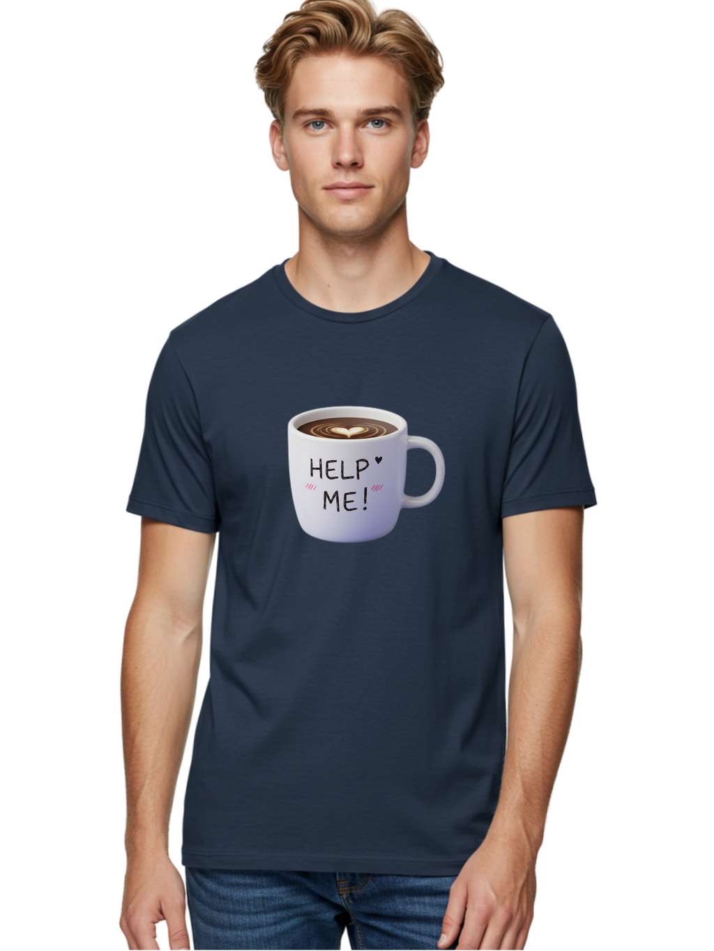 Help-Me-7 Men'S Graphic Tee, 100% Cotton, Comfortable Casual Summer Wear, Machine Washable, Coffee Mug With Heart Design, Coffee Art, 'Help Me' Text, Latte Art, Coffee Culture, Morning Pick-Me-Up, Coffee Love, Daily Grind Bac047
