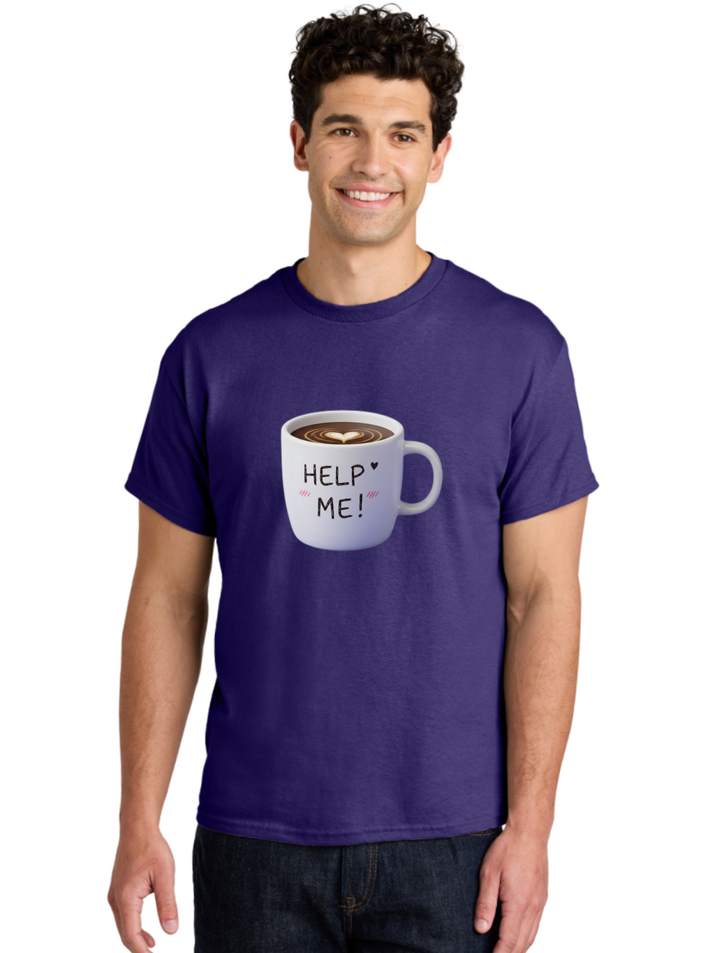 Help-Me-7 Men'S Graphic Tee, 100% Cotton, Comfortable Casual Summer Wear, Machine Washable, Coffee Mug With Heart Design, Coffee Art, 'Help Me' Text, Latte Art, Coffee Culture, Morning Pick-Me-Up, Coffee Love, Daily Grind Bac047