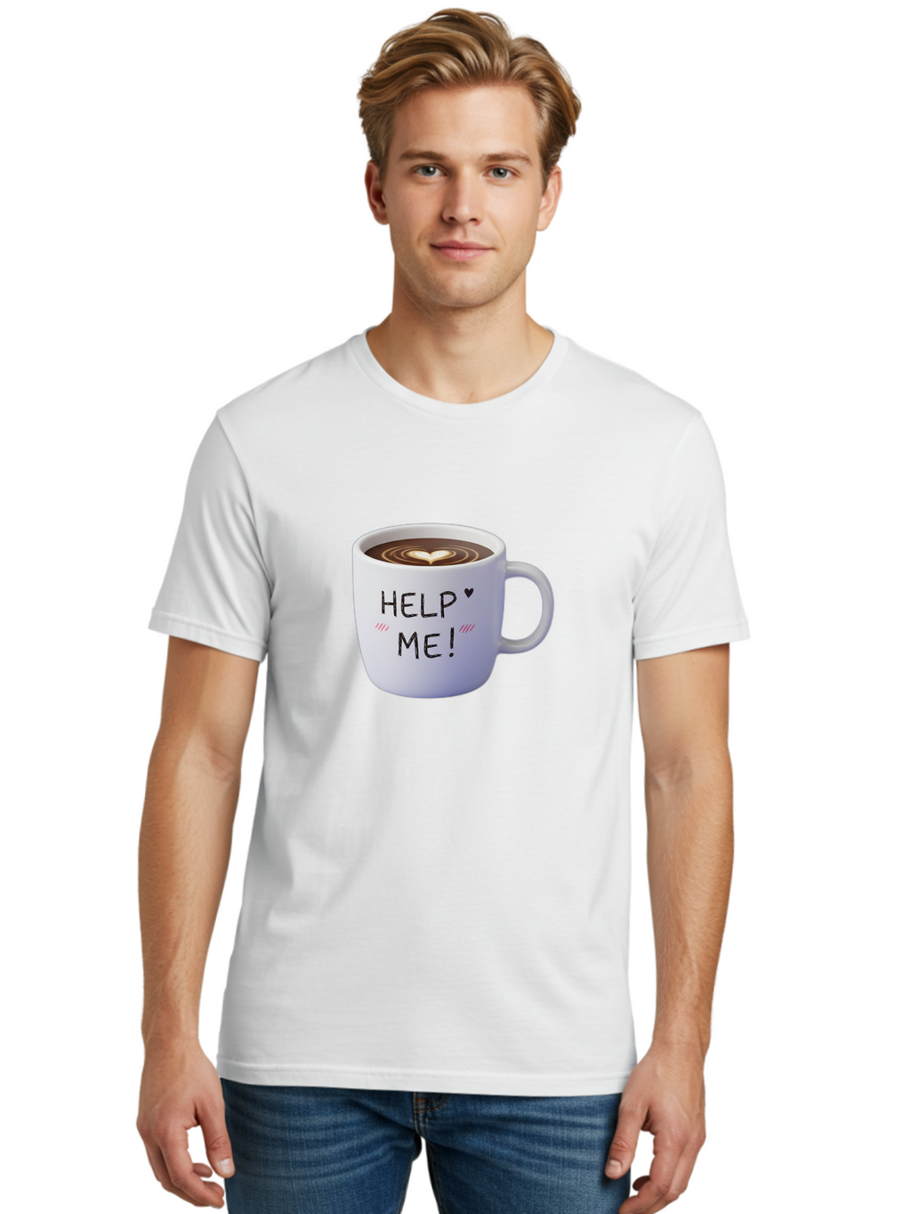 Help-Me-7 Men'S Graphic Tee, 100% Cotton, Comfortable Casual Summer Wear, Machine Washable, Coffee Mug With Heart Design, Coffee Art, 'Help Me' Text, Latte Art, Coffee Culture, Morning Pick-Me-Up, Coffee Love, Daily Grind Bac047