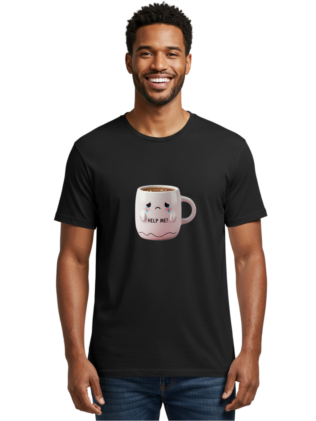 Help-Me-8 Men'S Graphic Tee, 100% Cotton, Comfortable Casual Summer Wear, Machine Washable, Sad Coffee Mug, Crying Face Design, Coffee Drink, Emotional Expression, Distressed Emotions, Quirky Humor, Funny Coffee Culture Bac048