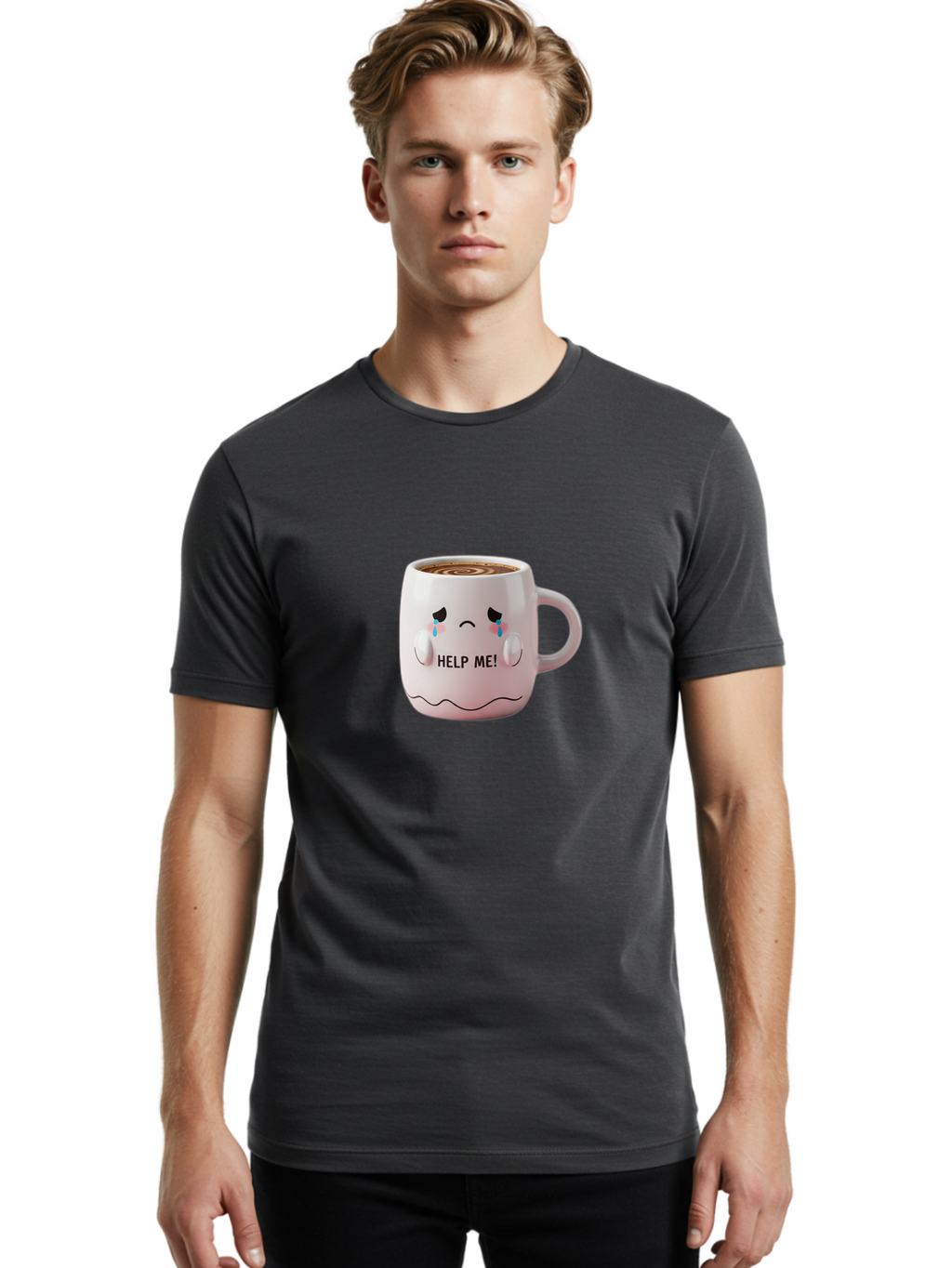 Help-Me-8 Men'S Graphic Tee, 100% Cotton, Comfortable Casual Summer Wear, Machine Washable, Sad Coffee Mug, Crying Face Design, Coffee Drink, Emotional Expression, Distressed Emotions, Quirky Humor, Funny Coffee Culture Bac048
