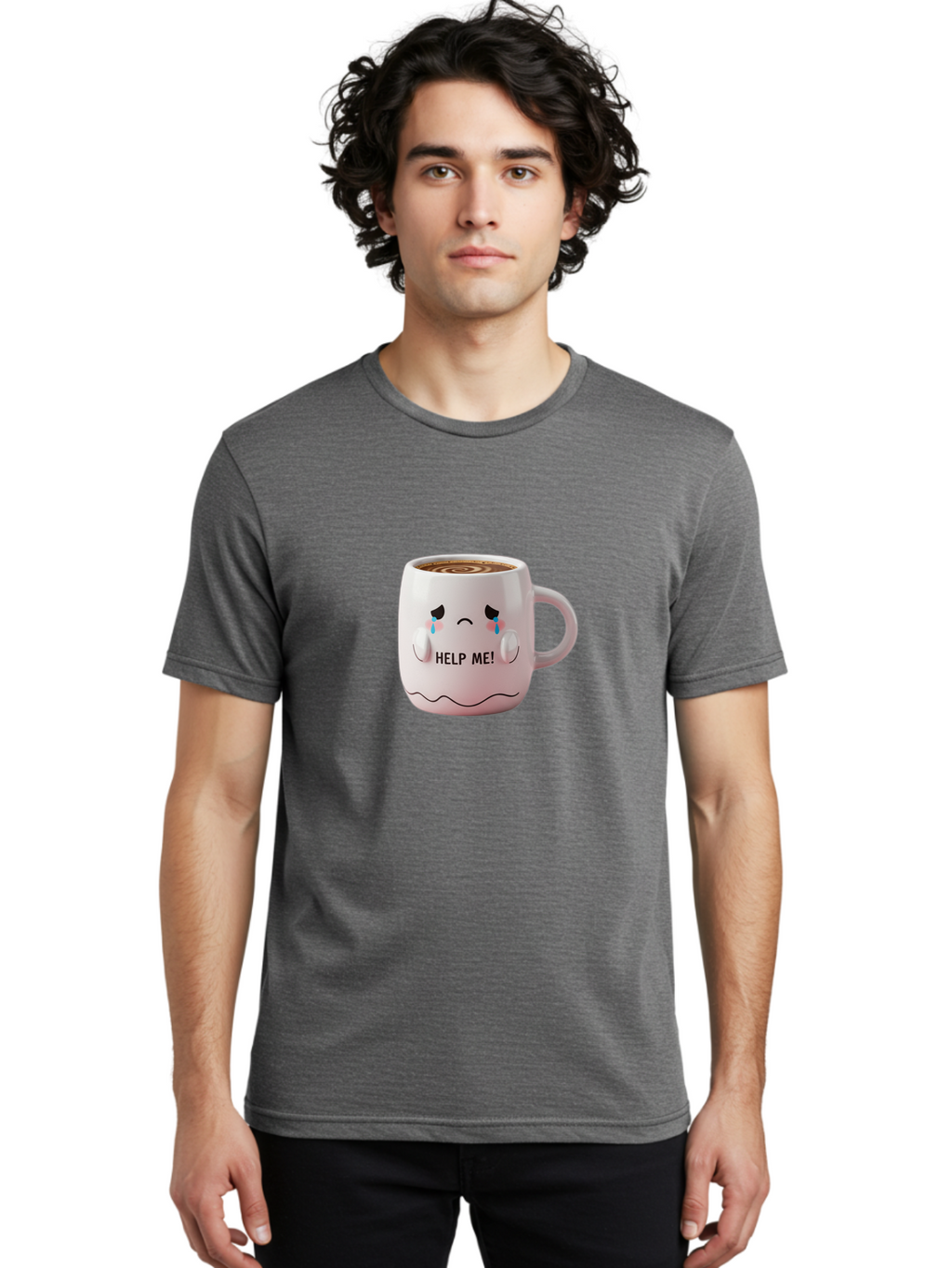 Help-Me-8 Men'S Graphic Tee, 100% Cotton, Comfortable Casual Summer Wear, Machine Washable, Sad Coffee Mug, Crying Face Design, Coffee Drink, Emotional Expression, Distressed Emotions, Quirky Humor, Funny Coffee Culture Bac048