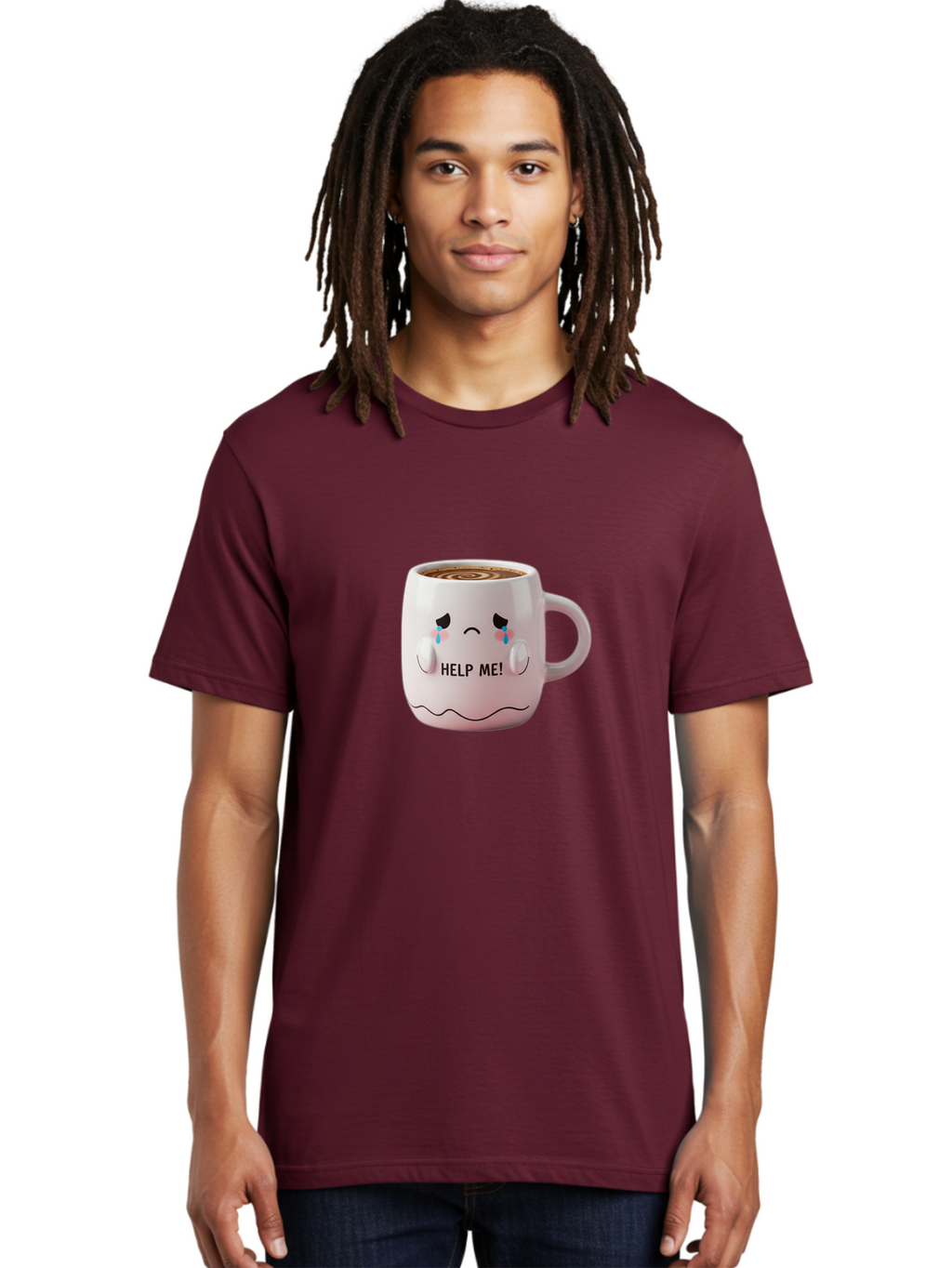 Help-Me-8 Men'S Graphic Tee, 100% Cotton, Comfortable Casual Summer Wear, Machine Washable, Sad Coffee Mug, Crying Face Design, Coffee Drink, Emotional Expression, Distressed Emotions, Quirky Humor, Funny Coffee Culture Bac048