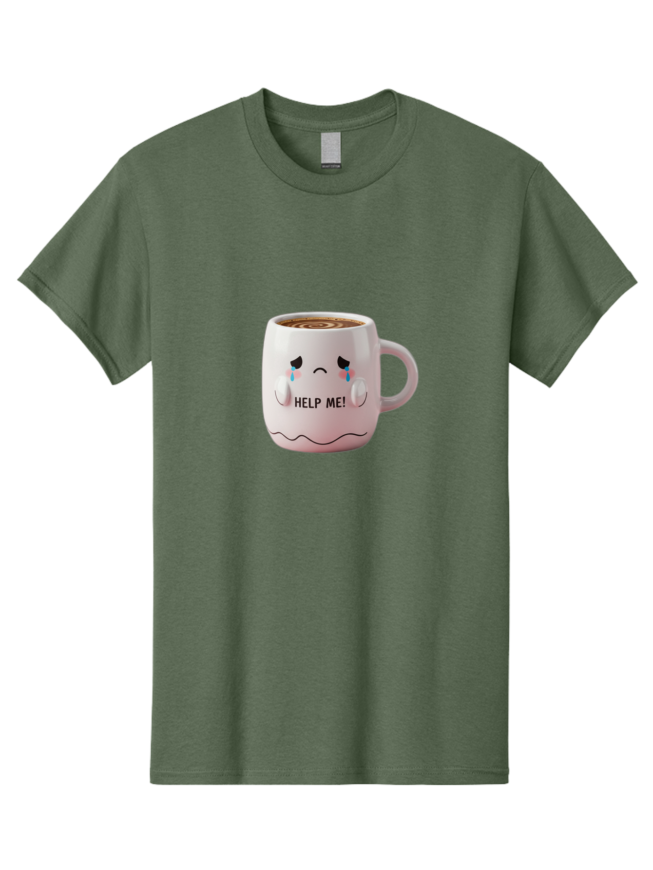 Help-Me-8 Men'S Graphic Tee, 100% Cotton, Comfortable Casual Summer Wear, Machine Washable, Sad Coffee Mug, Crying Face Design, Coffee Drink, Emotional Expression, Distressed Emotions, Quirky Humor, Funny Coffee Culture Bac048
