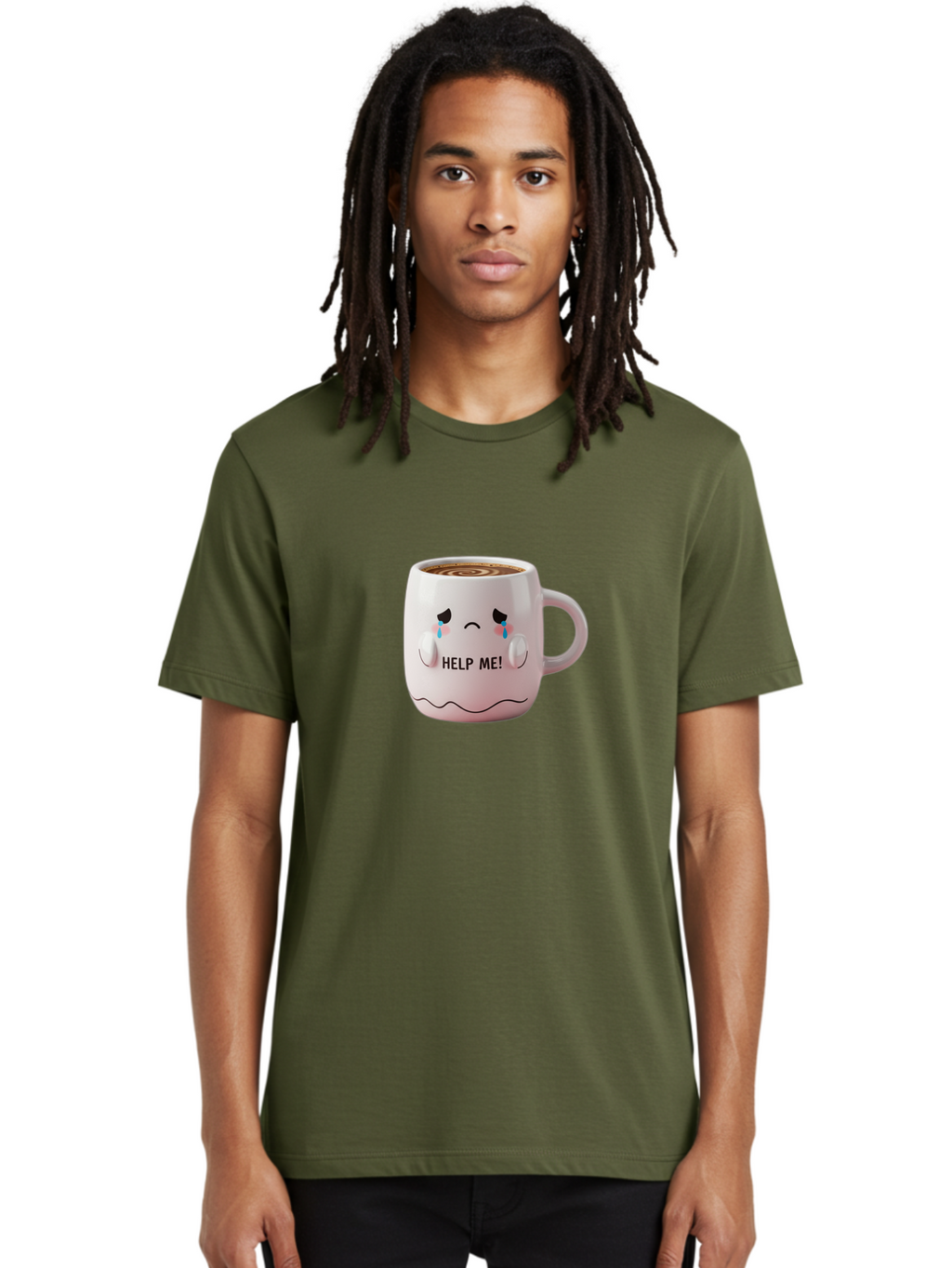 Help-Me-8 Men'S Graphic Tee, 100% Cotton, Comfortable Casual Summer Wear, Machine Washable, Sad Coffee Mug, Crying Face Design, Coffee Drink, Emotional Expression, Distressed Emotions, Quirky Humor, Funny Coffee Culture Bac048